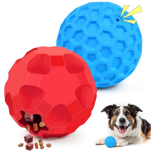 2-in-1Indestructible Dog Toy Balls for Aggressive Chewers, Interactive 3.15”Squeaky Dog Balls and 3.54”Treat Dispensing Ball to Keep Them Busy, Chew Toys for Large Dogs, Enrichment Toy - color: Red Blue