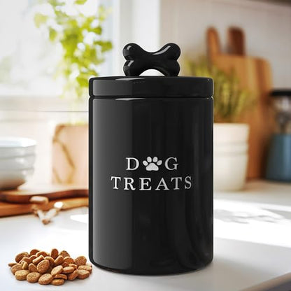 Barnyard Designs Large Dog Treat Container Airtight with Lid, Cute Rustic Ceramic Dog Treat Storage Jar for Kitchen Counter (Black) - color: Black