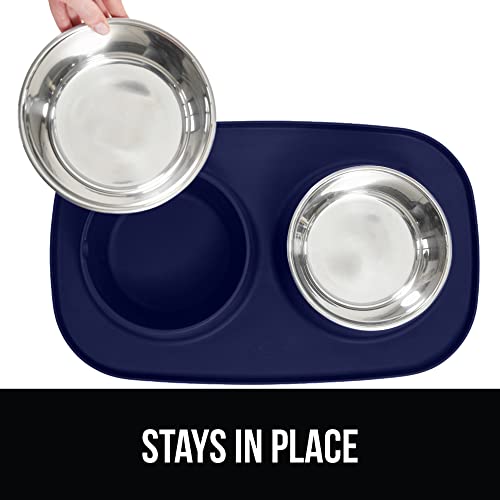 GORILLA GRIP Dog Bowl Set with Slip Resistant Silicone Feeding Mat, Food Grade 304 Stainless Steel Bowls, BPA Free, High Edge Spill Containment, Dishwasher Safe, Finger Notch Removal, 2 Cup, Navy Blue - color: Navy, size: 2 Cup Bowls