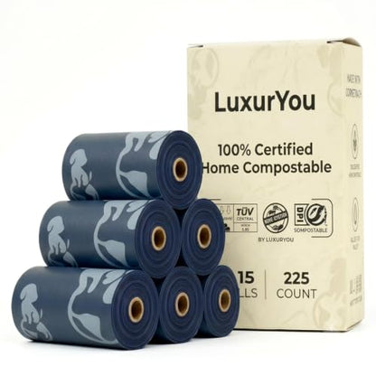 Dog Poop Bags - 100% Certified Compostable - 225 ct. | Ultra-thick Dog Bags for Poop - Up to 75% Thicker (20 microns) | 90-day Home Compostable, Plant-based Dog Waste Bags (Dark Blue/White) - color: Dark Blue/White