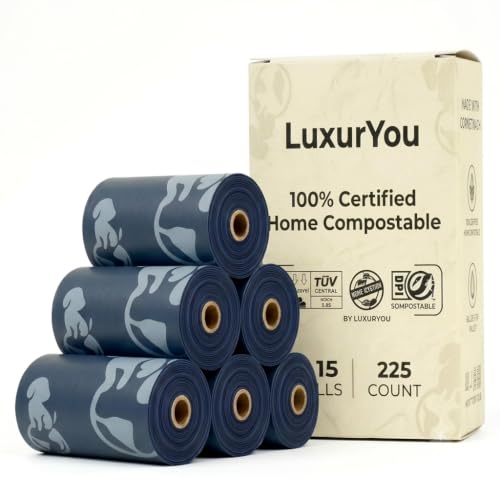 Dog Poop Bags - 100% Certified Compostable - 225 ct. | Ultra-thick Dog Bags for Poop - Up to 75% Thicker (20 microns) | 90-day Home Compostable, Plant-based Dog Waste Bags (Dark Blue/White) - color: Dark Blue/White