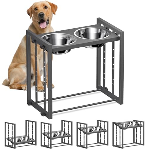 Elevated Dog Bowls for Medium Breed: 4 Height Adjustable Raised Dog Bowl Feeder Station with 2 Stainless Steel Bowls, Grey - color: Grey