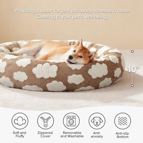 JOEJOY Donut Large Dog Bed, Cute Round Calming Dog Bed with Removable Washable Cover, Orthopedic Pet Beds with Jacquard Shaggy Plush & Non Skid Bottom, Black - color: Brown, size: L (36x36x10)
