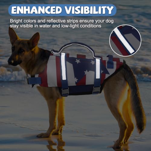 EMUST Dog Life Vests, Adjustable XS Dog Life Jacket with Rescue Handle, Puppy Flotation Vest for Small/Medium/Large Dogs, XS, FlagStar - color: FlagStar, size: XS