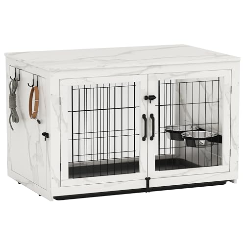 Piskyet Wooden Dog Crate Furniture with 360°Rotatable Removable Dog Bowls, Dog Crate End Table with Tray, Double Doors Dog Kennels for Dogs(XL:43.2" L*28.6" W*30.3" H, Marble White) - color: Marble White, size: 43.2"L x 28.6"W x 30.3"H