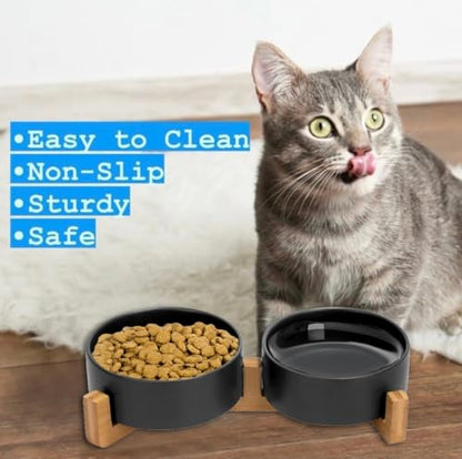 Ceramic Cat and Small Dog Bowl Set – Modern Indoor Small Size Pet Food and Water Bowls with Wood Stand – Non Slip Puppy Sized Feeding Station with Double Dishes (Black) - color: Black