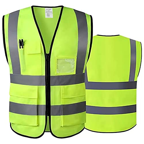 5 Pockets High Visibility Reflective Safety Vest,Zipper Front, Meets ANSI/ISEA Standards - color: Yellow, size: Large