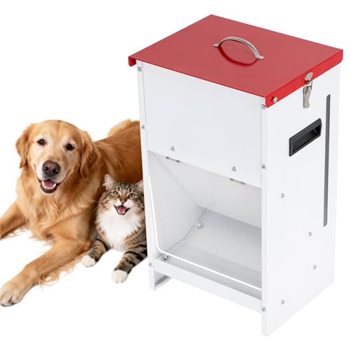 Metal Automatic Dog Feeder - 25LBS Capacity Automatic Gravity Dispenser, Powder Coated & Waterproof for Indoor & Outdoor Use, 12.3" L x 10.5" W x 21.3" H, Red and White - size: 25 Pounds - 1 PC