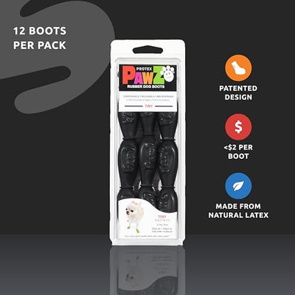 PawZ Rubber Dog Boots for Tiny Paws - All-Weather Waterproof Dog Shoes, Anti-Slip Traction for Rain, Snow, Mud & Hot Pavement - Pull-On Dog Booties, Black - Tiny (0.5" - 1") - Pack of 24 - size: Tiny