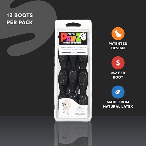 PawZ Rubber Dog Boots for Tiny Paws - All-Weather Waterproof Dog Shoes, Anti-Slip Traction for Rain, Snow, Mud & Hot Pavement - Pull-On Dog Booties, Black - Tiny (0.5" - 1") - Pack of 12 - size: Tiny