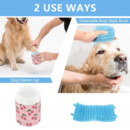 Cherries Flowers Pink Pattern Dog Paw Cleaner Cup with Soft Silicone Brush, Small Portable Lightweight Muddy Paw Washer for Dogs, Easy to Use Pet Foot Cleaner