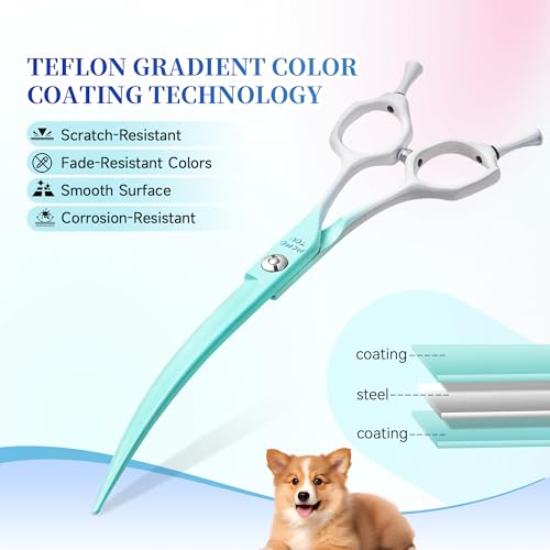 7'' Curved Dog Grooming Scissors Green to White Gradient | 440C Stainless Steel, Sharp Durable, Professional or Home Use, Ergonomic Handle with 2 Silicone Finger Rings - color: Green