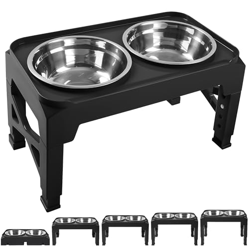 Hubulk Elevated Dog Bowls with 2 Stainless Steel Food & Water Raised Bowls with No Spill Edge Non-Slip Stand Adjusts to 5 Height(3.2", 8.77", 9.9",11.1", 12.3")for Small Medium Large Dog and Pet Black - color: Black, size: M (8" for M/L Dogs)