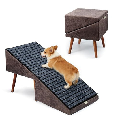 2-in-1 Dog Ramp and Stairs for Bed and Couch, 17 Inch High,Foldable Ottoman Ramp with Non-Slip Replaceable Carpet, Joint Relief for Small and Large Dogs - color: Brown