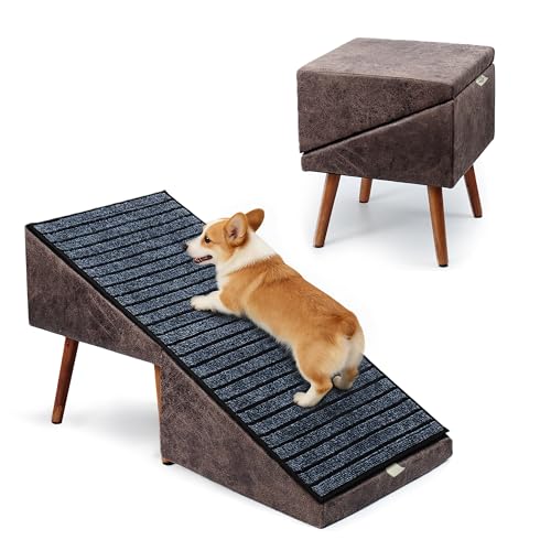 2-in-1 Dog Ramp and Stairs for Bed and Couch, 17 Inch High,Foldable Ottoman Ramp with Non-Slip Replaceable Carpet, Joint Relief for Small and Large Dogs - color: Brown