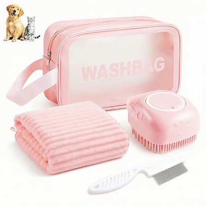 4PCS Dog Bath Kit & Dog Brush Kit for Dogs & Cats - Professional Pet Grooming Tools Set with Shedding Brush, Bath Scrubber, Dematting Comb & Storage Bag - Complete Dog Washing Essentials, Pink - color: 4PCS-Pink