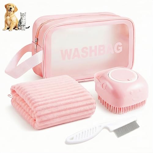 4PCS Dog Bath Kit & Dog Brush Kit for Dogs & Cats - Professional Pet Grooming Tools Set with Shedding Brush, Bath Scrubber, Dematting Comb & Storage Bag - Complete Dog Washing Essentials, Pink - color: 4PCS-Pink