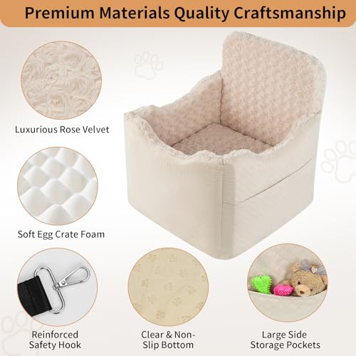 Dog Car Seat for Small Medium Dogs - 6.7inch Elevated Dog Booster Car Seats with Deluxe Rose Plush, Washable Safety Pet Carseat Travel Bed with 2 Safety Belts and Storage Pockets(Beige) - color: Beige