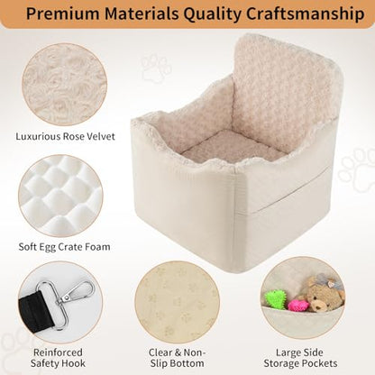 Dog Car Seat for Small Medium Dogs - 6.7inch Elevated Dog Booster Car Seats with Deluxe Rose Plush, Washable Safety Pet Carseat Travel Bed with 2 Safety Belts and Storage Pockets(Beige) - color: Beige