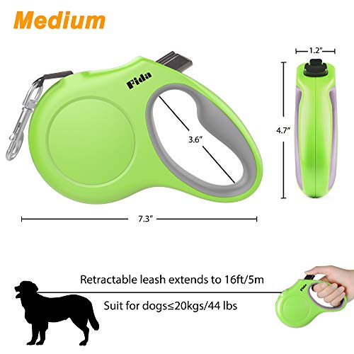 Fida Retractable Dog Leash for Medium Breed up to 44 lbs, 16 ft Pet Walking Leash with Dispenser and Poop Bags, Anti-Slip Handle, Reflective Strong Nylon Tape, One-Handed Brake (M, Green) - color: Green, size: Medium, 16ft