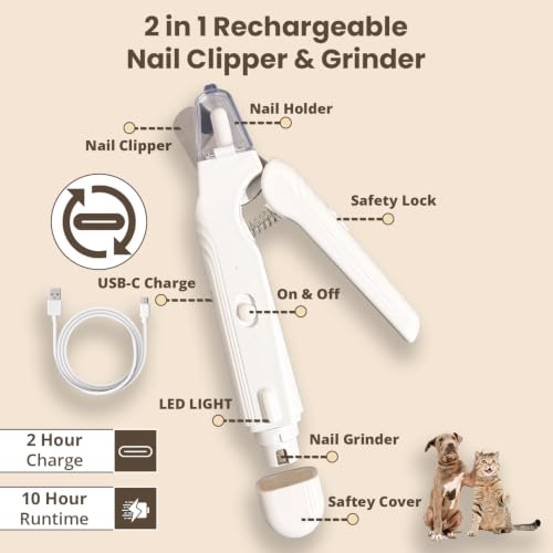 2-in-1 Dog & Cat Nail Clippers with Light, USB Rechargeable Pet Nail Trimmer, Safety Guard to Prevent Overcutting, Sharp Blade for Thick Nails, Quiet Grooming Tool for Large Small Pets - color: white
