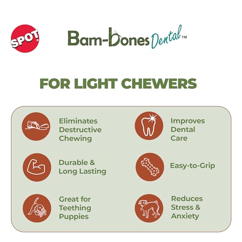 SPOT Bam-Bones Dental Bone - Made with Bamboo Fiber and a Massaging Rubber Center, Durable Oral Care Dog Chew for Light Chewers & Teething Puppies Under 40lbs, 7in, Allergen Free Peanut Butter Flavor - size: Large