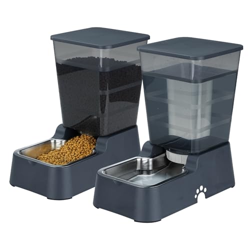Automatic 5.4L/1.4Gal Pet Waterer, Automatic Dog Water Dispenser Gravity Stainless Steel Water Feeder, Large Capacity Feeding Bowls for Cats and Medium & Large-Sized Dogs (Black, Food+Water) - color: Black, size: Food and Water