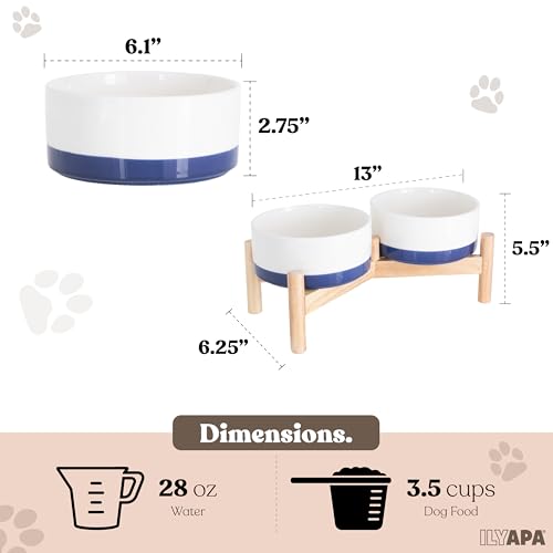 Ilyapa Ceramic Dog Bowls - Elevated for Medium Sized Pet with Raised Food and Water Set - Blue Double 6 inch, 28 Oz Bowls & 13x6.3x5.5 Wooden Stand - color: Blue