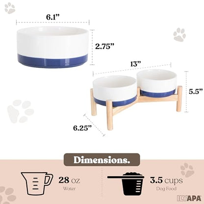 Ilyapa Ceramic Dog Bowls - Elevated for Medium Sized Pet with Raised Food and Water Set - Blue Double 6 inch, 28 Oz Bowls & 13x6.3x5.5 Wooden Stand - color: Blue