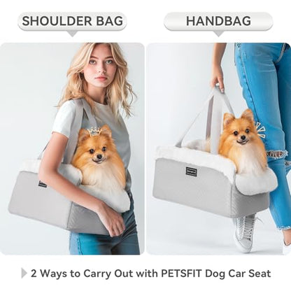 PETSFIT Console Dog Car Seat, Portable Small Dog Car Seat with Safe Protective Hooks, Luxury Dog Carseat Includes Safety Leash and Storage Pocket for Pets Up to 9 lbs (Grey) - color: Grey