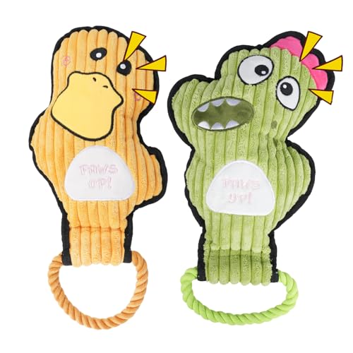 2-Pack Crinkle and Squeaky Dog Toys & Tough Tug of War Set - No Stuffing Chew-Resistant Plush Toys to Keep Them Busy, Best Birthday Gift for Small/Medium/Large Breeds (Ducks & Dino) - color: Ducks & Dino