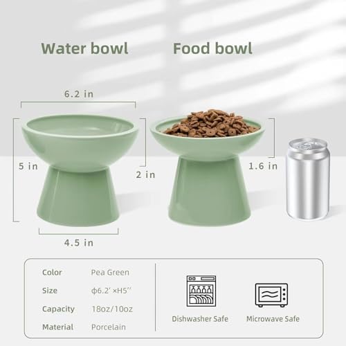 CEEFU 2 Elevated Ceramic Cat Bowls Extra Wide for Food & Water – Whisker Fatigue Shallow Food Dish, Lead & Cadmium-Free, Raised Height for Cats, Sage Green - color: Sage Green
