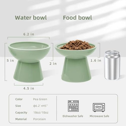 CEEFU 2 Elevated Ceramic Cat Bowls Extra Wide for Food & Water – Whisker Fatigue Shallow Food Dish, Lead & Cadmium-Free, Raised Height for Cats, Sage Green - color: Sage Green