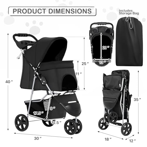MoNiBloom Foldable Pet Stroller with Weather Cover, 3 Wheels Pet Strolling Cart for Small/Medium Dogs and Cats with Storage Basket and Cup Holder, Breathable and Visible Mesh for All-Season, Black - color: Black