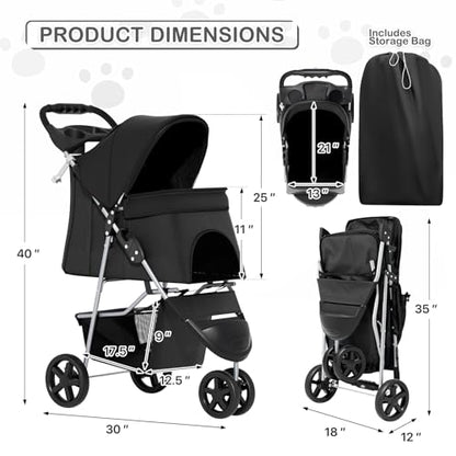 MoNiBloom Foldable Pet Stroller with Weather Cover, 3 Wheels Pet Strolling Cart for Small/Medium Dogs and Cats with Storage Basket and Cup Holder, Breathable and Visible Mesh for All-Season, Black - color: Black