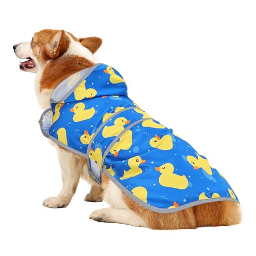 Dog Raincoat for Large Dogs Waterproof Jacket Hooded Rain Coats with Reflective Strips Leash Hole & Poncho Adjustable Fit (ShinyDuck,L) - color: A. Ducks, size: Large