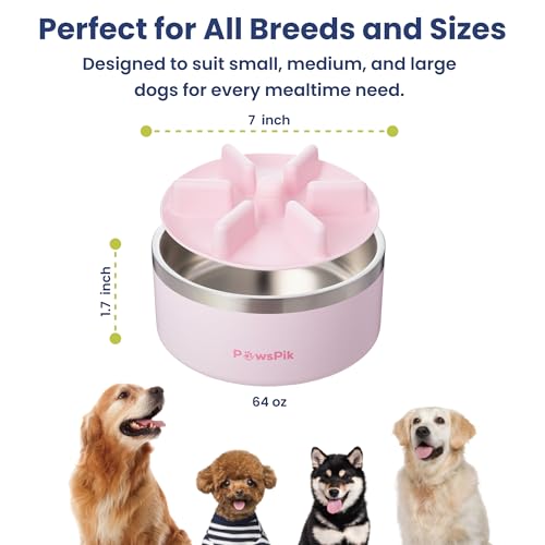 PawsPik 64oz 18/8 Stainless Steel Slow Feeder Dog Bowl, Double-Wall Non-Slip Metal Dog Bowl for Fast Eating Medium & Large Breeds, Detachable Slow Feeder Insert, Dishwasher Safe (Cherry Blossom Pink) - color: Cherry Blossom Pink