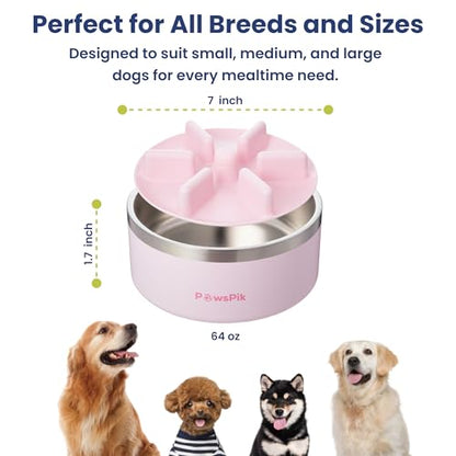 PawsPik 64oz 18/8 Stainless Steel Slow Feeder Dog Bowl, Double-Wall Non-Slip Metal Dog Bowl for Fast Eating Medium & Large Breeds, Detachable Slow Feeder Insert, Dishwasher Safe (Cherry Blossom Pink) - color: Cherry Blossom Pink