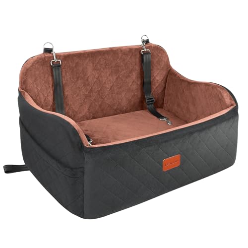 Lealchum Dog Car Seat for Large Size Dog,Soft Fabric Car Dog Bed Filling Memory Foam,2 Clip-On Safety Leashs and 2 Pockets,Removable and Washable Comfy Pet Car Seat(Black/Brown, Large) - color: Black/Brown