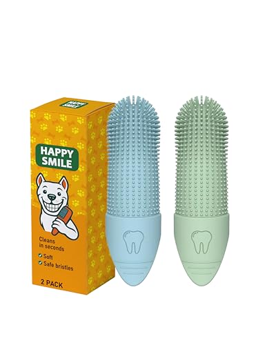 Happy Smile Dog Toothbrush 360° – Soft Silicone Finger Toothbrush for Dogs & Cats, Gentle Teeth Cleaning, BPA-Free, 2-Pack (Blue & Green)