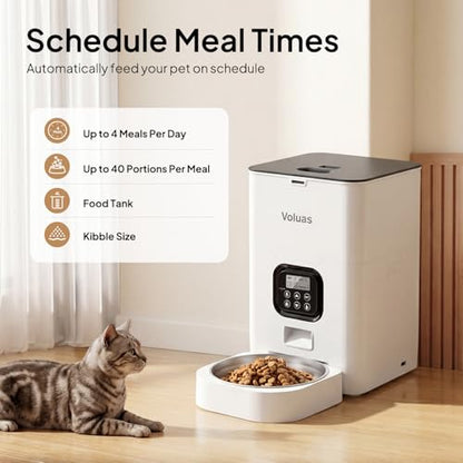 VOLUAS Automatic Cat Feeders - Timed Pet Feeder for Cats and Dogs with Dry Food Dispenser, Desiccant Bag, Programmable Portion Control, 4 Daily Meals, 10s Voice Recorder | Programmable Portion Control, Up to 4 Meals Daily, Dual Power Supply, Power-Off Mem