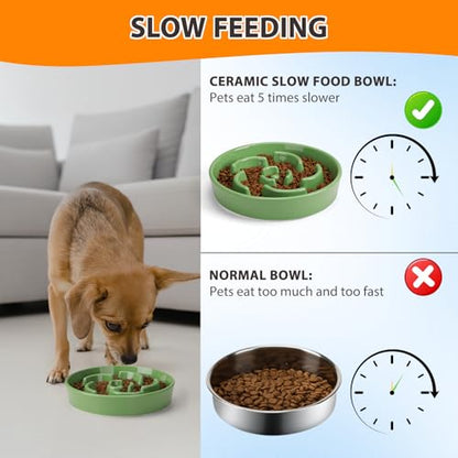 Slow Feeder Dog Bowl, Ceramic 2 Cups Dog Food Bowls for Small, Medium, and Large Breed, Anti-Slip Maze Puzzle Food Dish to Slow Down Eating (Green, 2 Cups) - color: Flower - Green