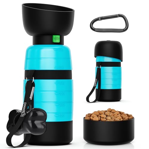 Pecute Dog Water Bottle Portable 22 oz with 5 oz Food Container, Poop Bag Holder, Portable Dog Water Bottle Dispenser, Leakproof, Lightweight, Pet Water Bottle for Dogs Outdoor Travel Walking | Portable, Lightweight, Leakproof BPA Free for hiking, camping