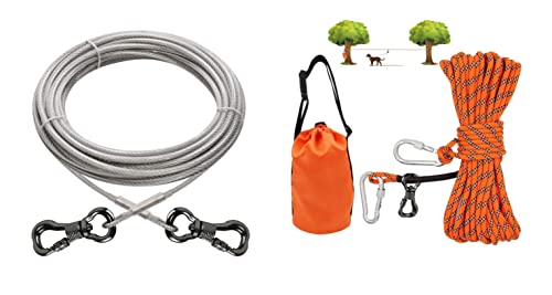 XiaZ 30 Feet Tie Out Cable for Dogs + 50ft Portable Overhead Trolley System for Dogs up to 200lbs，Dog Lead for Yard, Camping, Parks, Outdoor Events,5 min Set-up