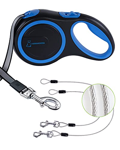 26FT Chew Proof Retractable Dog Leash with 2 Heavy Duty Anti-Chewing Wire Ropes, 360° Tangle-Free Dog Lead with Anti-Slip Handle for Small/Medium/Large Dogs Blue - color: Blue