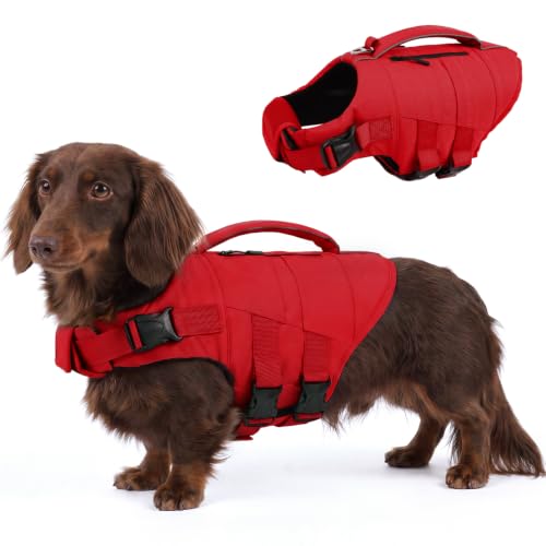 Kuoser Dog Life Jacket, High Flotation Dog Life Vest for Swimming Boating, Adjustable Small Medium Large Dogs Swim Vest with Rescue Handle and Pocket, Reflective Safety Pet Lifejacket Floats for Pool - color: Z-Red, size: Xs (Chest Girth:12.99-18.11'')