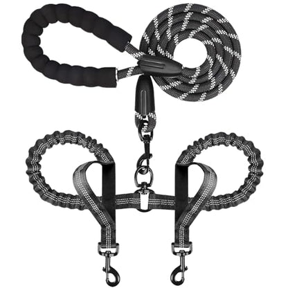 Double Dog Leash for Two Dogs, Heavy Duty Adjustable No Tangle, Bungee Retractable Split Multiple Leash for Walking 2 Dogs, 5.5FT-1/2”, Black
