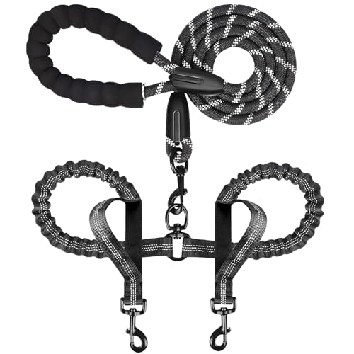 Double Dog Leash for Two Dogs, Heavy Duty Adjustable No Tangle, Bungee Retractable Split Multiple Leash for Walking 2 Dogs, 5.5FT-1/2”, Black