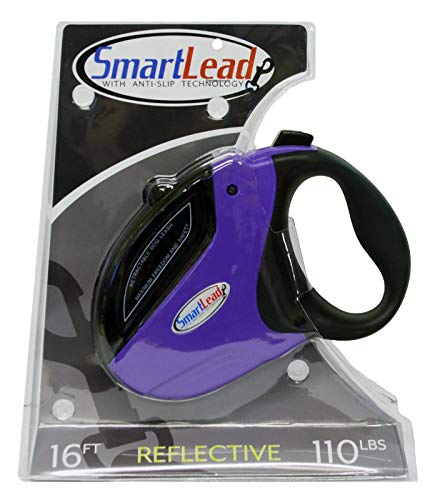 SmartLead Retractable, Reflective, Heavy-Duty 16-Foot Nylon Dog Leash, Tangle Free, Anti-Slip Brake Technology, Easy Grip Handle, Good for Dogs up to 110 Pounds – Purple - color: Purple