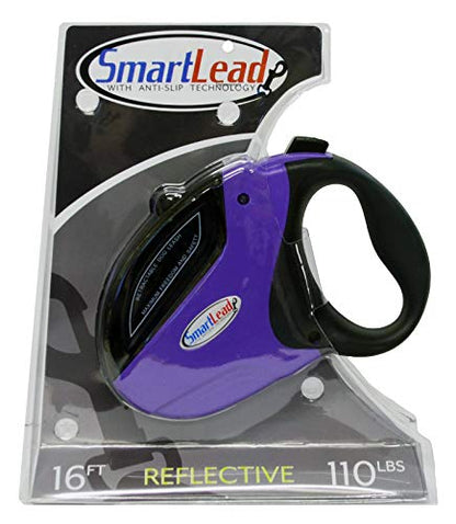 SmartLead Retractable, Reflective, Heavy-Duty 16-Foot Nylon Dog Leash, Tangle Free, Anti-Slip Brake Technology, Easy Grip Handle, Good for Dogs up to 110 Pounds – Purple - color: Purple